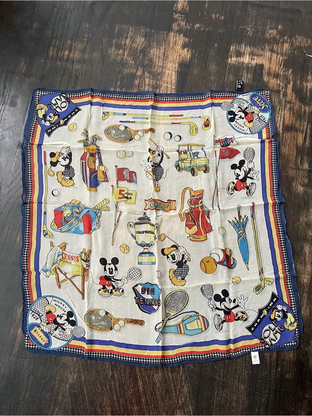 Vintage Disney Vakko Mickey Mouse Tennis Golf Silk Square Scarf Hanky 36"x36"